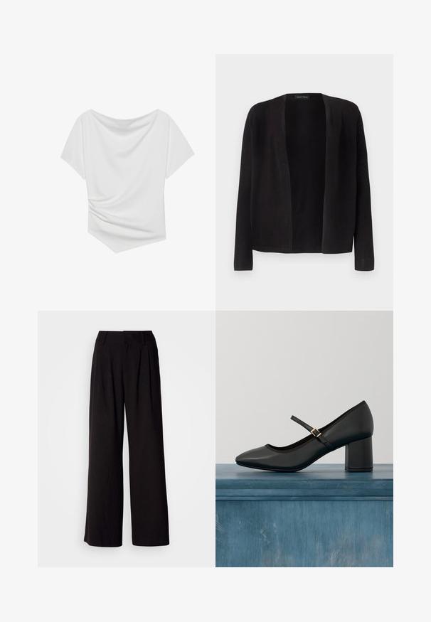Cardigan noir à manches longues, ouvert à l'avant, avec un ourlet droit, sans boutons ni fermetures, présenté sur un fond clair uni.; Haut blanc à manches courtes avec un design dénudé sur les épaules, présentant une texture drapée et un détail froncé d'un côté. Tissu lisse.; Pantalon large noir en tissu lisse, avec des plis à l'avant, une taille ajustée, et sans motifs ni accents visibles.; Chaussure Mary Jane noire avec talon carré et sangle à boucle dorée, flottant au-dessus d'un sol en béton lisse dans un cadre intérieur minimaliste.