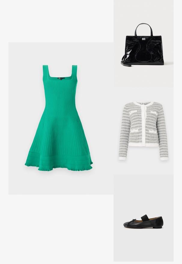 Cardigan doux rayé gris et blanc avec manches longues, encolure ronde et poches plaquées à l'avant.; Robe turquoise sans manches, longueur genou, en maille côtelée, avec un décolleté carré, un bustier ajusté, une jupe évasée et un ourlet à volants.; Ballerines en cuir noir avec un bout arrondi, un petit nœud décoratif et une lanière élastique sur le cou-de-pied pour un maintien sécurisé. Semelle plate.; Sac à main en cuir noir brillant avec poignées courtes, bandoulière amovible et détails de couture discrètement courbés à l’avant.