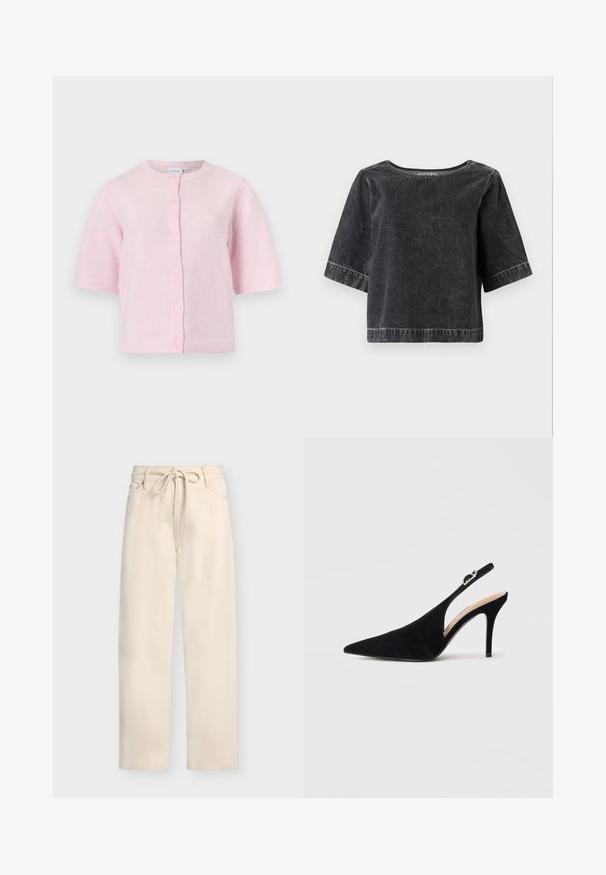 Cardigan à manches courtes et boutons sur le devant, de couleur rose pâle, avec un col rond et cinq boutons.; Haut en denim noir à manches courtes, col rond et coupe légèrement ample. Présente des coutures visibles et une finition texturée.; Pantalon beige à jambes larges avec poches avant, passants de ceinture et lien à nouer à la taille sur un fond uni.; Escarpin slingback en suède noir avec bout pointu et talon haut et fin sur fond blanc.