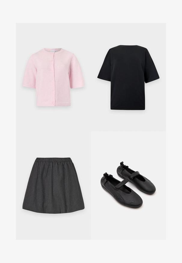 Blød lyserød cardigan med korte ærmer, rund halsudskæring og fem knapper ned foran.; Sort oversized T-shirt med korte ærmer og rund halsudskæring vist på en ensfarvet lysegrå baggrund.; Sorte stribede nederdel med elastisk talje, har lodrette hvide pinstriber, svajet design og glat tekstur. Velegnet til afslappet brug.; Par af sorte læder Mary Jane-stil sko med elastisk hælkappe og justerbar rem, med Puma-logo på tåområdet.