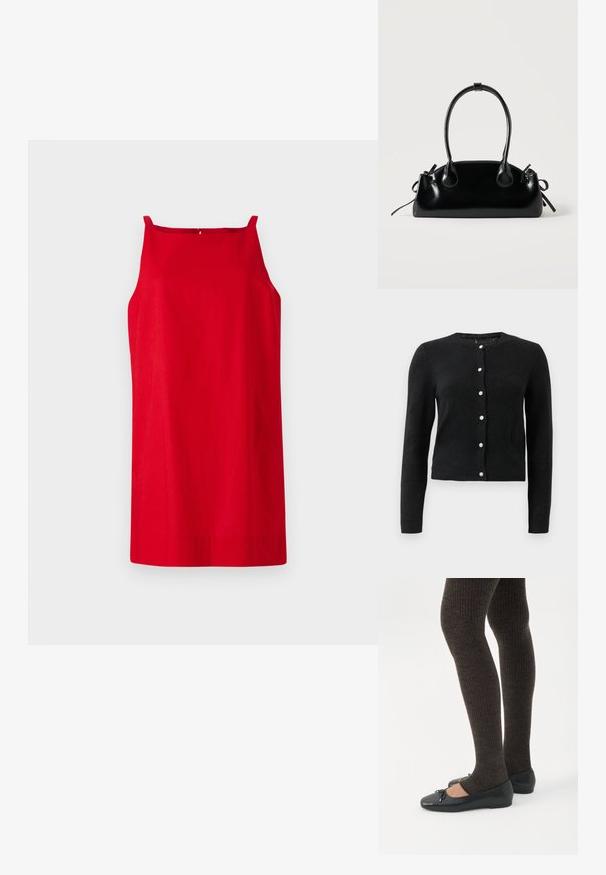 Cardigan long noir à manches longues avec un col rond et sept boutons décoratifs en argent sur le devant.; Robe sans manches rouge avec une coupe droite, réalisée en tissu lisse. Comprend de fines bretelles et un détail de couture subtil au dos.; Jambes portant des leggings côtelés foncés associés à des ballerines noires avec de petits détails en nœud sur fond blanc.; Petit sac à main noir brillant avec deux longues anses et des détails à cordon sur les côtés sur un fond clair uni.