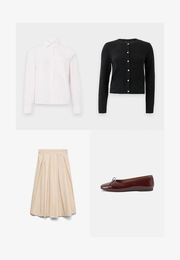 Cardigan long noir à manches longues avec un col rond et sept boutons décoratifs en argent sur le devant.; Chemise rose pâle à manches longues avec un col et une poche sur la poitrine, présentée sur un fond blanc.; Jupe midi beige avec taille haute et plis devant, silhouette évasée et tissu lisse.; Ballerines en cuir verni bordeaux avec un bout rond, un petit nœud décoratif à l'avant et une semelle en caoutchouc noire basse. Texture lisse.