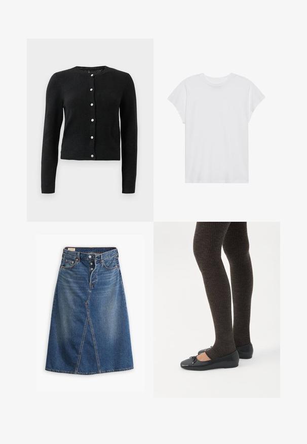 Cardigan negro de manga larga con cuello redondo y siete botones decorativos plateados en el frente.; Camiseta blanca de manga corta con cuello redondo, corte relajado, hecha de suave tela de algodón. Textura lisa, sin estampados ni logotipos.; Falda de mezclilla en tono azul medio con forma de Línea A, abertura delantera, cinco bolsillos y cierre de botones en la cintura.; Piernas con leggings oscuros acanalados combinados con bailarinas negras que presentan pequeños detalles de lazo sobre un fondo blanco.