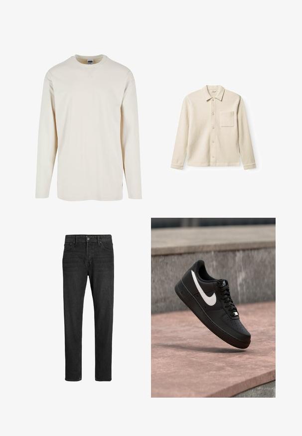 Off-white, tekstureret skjortejakke med krave, frontknapper og en brystlomme. Lange ærmer med knapmanchetter. Afslappet design.; Langærmet cremegul t-shirt lavet af blød bomuld, med rund halsudskæring og sideslids for ekstra komfort. Minimalistisk design, ensfarvet tekstur.; Sorte denimjeans med lige snit, der har fem lommer, en frontknaplukning og deforme detaljer på stoffet.; Sort Nike Air Force 1-sneaker med hvid swoosh-logo, svævende over en stenovertflade med en grå tekstureret væg i baggrunden.