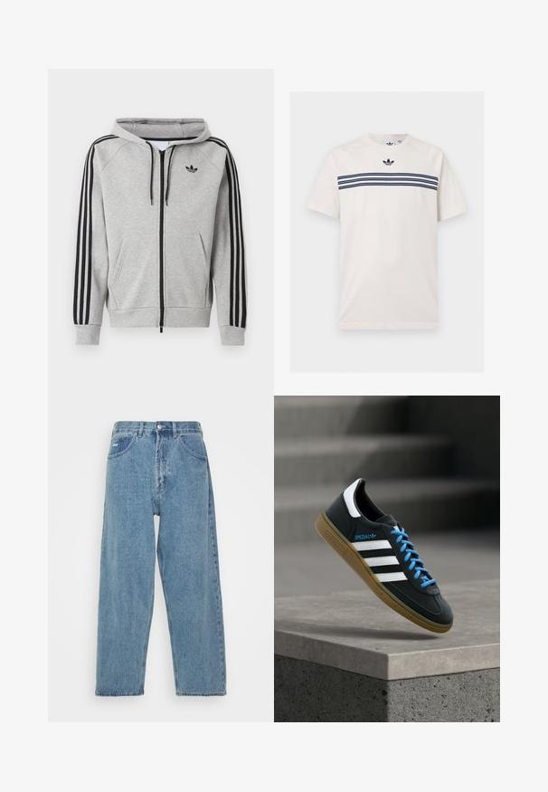 Lichtgrijze zip-up hoodie met zwarte strepen op de mouwen, voorzakken in kangaroostijl, trekkoord in de capuchon en een zwart Adidas trefoil-logo op de borst.; Wit Adidas T-shirt met korte mouwen met marineblauwe drievoudige strepen over de borst en het Adidas trefoil-logo boven de strepen.; Lichtblauwe denim jeans met een hoge taille, ontspannen pasvorm, met twee zijzakken, een achterzak met patch en een knoopsluiting.; Zwarte Adidas-sneaker met witte strepen, blauwe veters en een gumzool die boven een grijze betonnen trede zweeft in zacht licht.