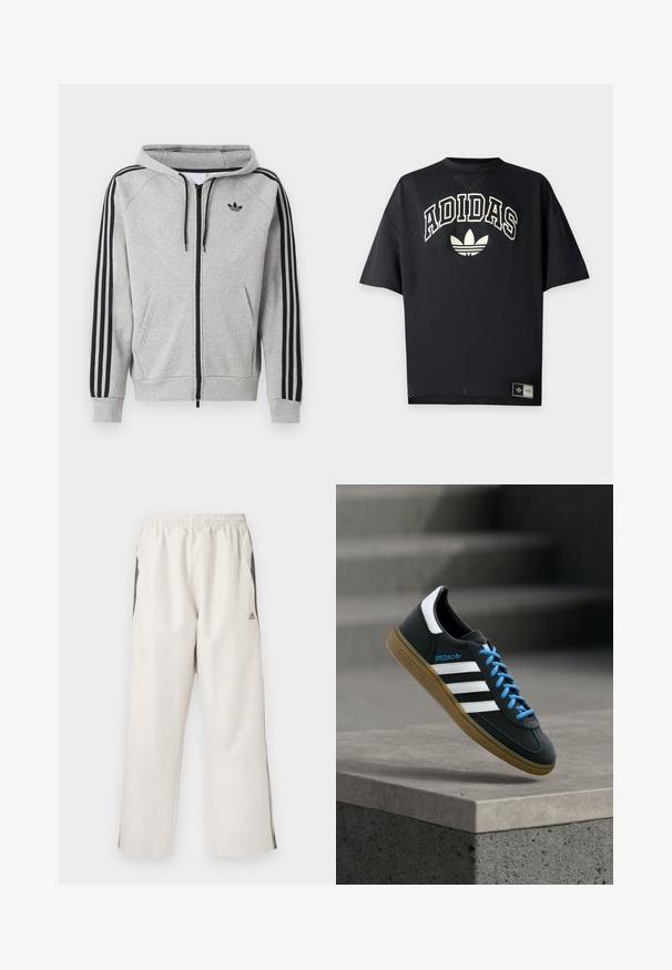 Lysegrå lynlås-hoodie med sorte striber på ærmerne, frontlommer, snøre i hætten og et sort Adidas trefoil-logo på brystet.; Sort Adidas sportst-shirt med korte ærmer i perforeret stof, hvid Adidas tekst og trefoil-logo foran samt mærke i nærheden af kanten.; Lys beige træningsbukser med elastik i livet, sidelommer, sorte sidelange striber og et Adidas-logo på venstre lår. Glat stoftekstur.; Sort Adidas sneaker med hvide striber, blå snørebånd og gummisål, der svæver over gråt betontrin i blødt lys.