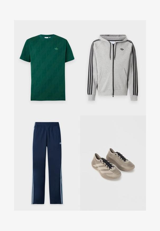 Lysegrå lynlås-hoodie med sorte striber på ærmerne, frontlommer, snøre i hætten og et sort Adidas trefoil-logo på brystet.; Mørkegrøn T-shirt med korte ærmer og rund hals, med subtile diagonale Adidas Trefoil logoer og et lille Trefoil logo på venstre bryst.; Mørkeblå Adidas træningsbukser med lyseblå tre striber ned langs siderne og elastisk talje, vist fladt på hvid baggrund.; Par beige sportssko med sorte snørebånd, med et tekstureret, stribet mønster og tre side striber på en ensfarvet baggrund.