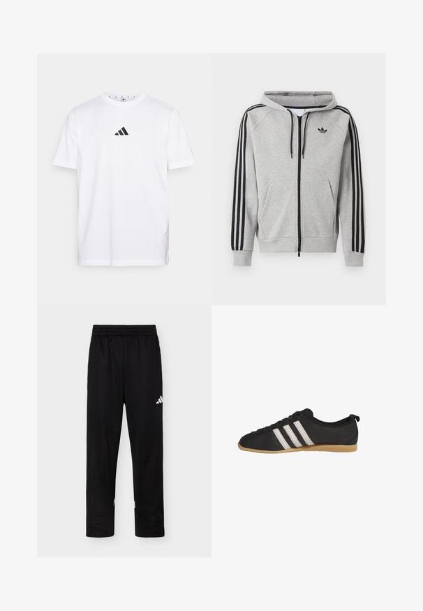 Lichtgrijze zip-up hoodie met zwarte strepen op de mouwen, voorzakken in kangaroostijl, trekkoord in de capuchon en een zwart Adidas trefoil-logo op de borst.; Witte katoenen T-shirt met een klein zwart driehoekig logo op de borst, korte mouwen en een ronde halslijn. Eenvoudig en klassiek ontwerp.; Zwarte sportbroek met elastische tailleband en wit Adidas-logo op de rechterdij tegen een effen achtergrond.; Zwarte lage sneaker met witte strepen en bruine rubberen zool, zijaanzicht op een witte achtergrond.