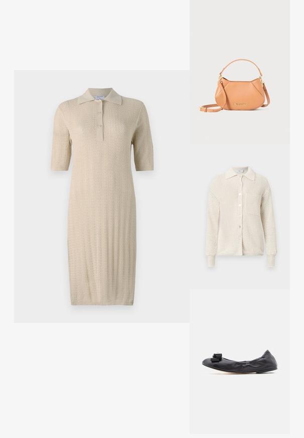 Strikket cardigan i cremefarve med knapper foran, krave og en enkelt brystlomme. Struktureret materiale og ribstrikkede manchetter.; Strik creme kjole med korte ærmer, polo krave og knaplukning. Har et struktureret mønster, der løber lodret langs stoffet.; Sort læderballetsko med rynket overdel, rundet tå og dekorativ flæse sløjfe på tæerne. Flad sål.; Tan lædertaske med en unik geometrisk form, der har et kort håndtag, en justerbar rem og guldfarvede hardware-detaljer. Brandlogo er vist.