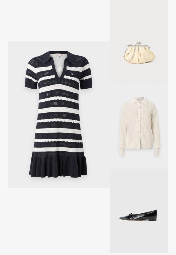 Kreemjas kudum kardigan, esiosal nööbitav, kraega ja ühe rinnataskuga. Tekstureeritud materjal ja soonilised mansetid.; Cinq à Sept CLEMENTINE DRESS - Päevakleit - navy/ivory; Must have musta musta tume patendiga naha korter king, millel on terav nina, väike dekoratiivne rihm ja madal plokknõel. Sile tekstuur ja elegantses disain.; Kortsus beežist nahast kotike, millel on hõbedane metallraam, kaunistatud kahe ümmarguse dekoratiivse lukuga ja hõbedase ketispideme.