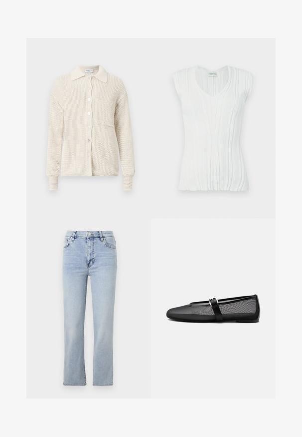 Strick-Cardigan in Creme mit Knopfleiste, Kragen und einer einzelnen Brusttasche. Strukturierter Stoff und gerippte Bündchen.; Weißes ärmelloses Top mit V-Ausschnitt, ausgestattet mit einem strukturierten Rippdesign und dezenten Falten, hergestellt aus einem weichen, elastischen Material.; Hellblaue Jeans aus Denim mit geradem Bein, fünf Taschen, einem Knopf- und Reißverschluss sowie sichtbaren Nahtdetails.; Schwarzer Netz-Ballerinaschuh mit rundem Zehenbereich und verstellbarem Mary-Jane-Riemen mit silberner Schnalle, auf schlichtem hellgrauem Hintergrund.