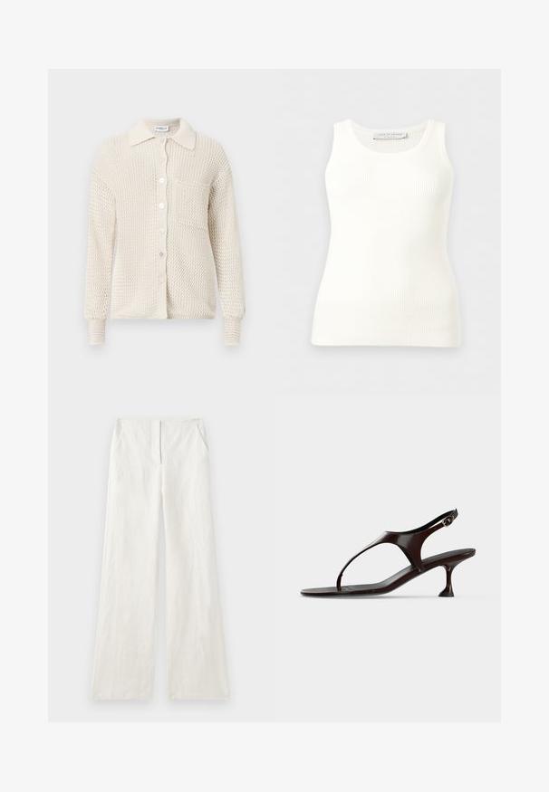 Strick-Cardigan in Creme mit Knopfleiste, Kragen und einer einzelnen Brusttasche. Strukturierter Stoff und gerippte Bündchen.; Weißes, ärmelloses Tank-Top mit Rippenstruktur, rundem Ausschnitt, figurbetontem Schnitt und Markenetikett an der Innenseite des Nackenbereichs.; Weite Leinenhose in Off-White, mit glatter Textur, vorderen Falten und Seitentaschen. Einfaches, schmuckloses Design.; Dunkelbraune Lackleder-Slingback-Sandale mit kittenabsatz und Zehensteg auf weißem Hintergrund.