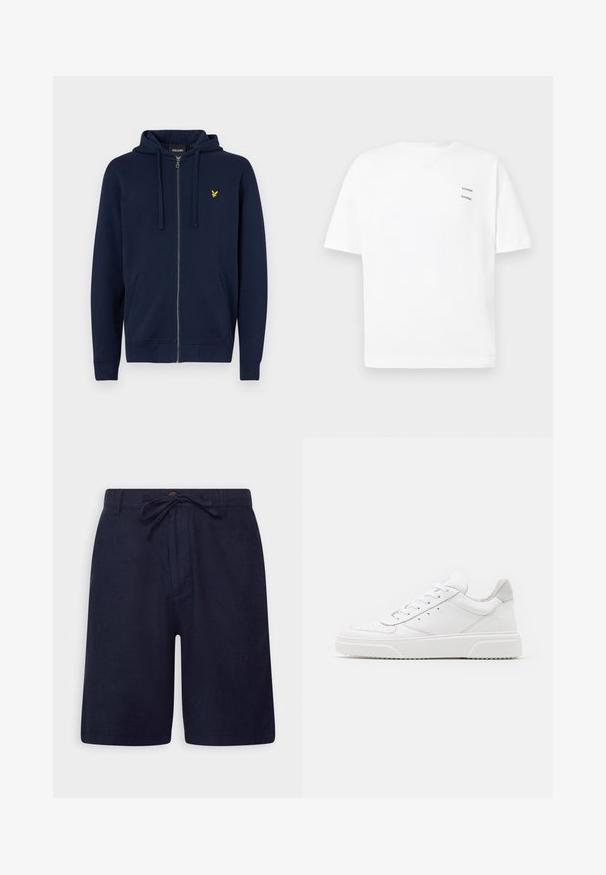 Marineblaues Zip-Hoodie aus Baumwollmischung. Verfügt über eine Kängurutasche, eine Kapuze mit Kordelzug und ein gelbes, gesticktes Logo auf der Brust.; Weißes Baumwoll-T-Shirt mit lässiger Passform, kurzen Ärmeln und V-Ausschnitt. Verfügt über zwei kleine schwarze gedruckte Logos auf der linken Seite.; Marineblaue Shorts aus einem leichten Stoff, mit einem Kordelzugbund, einem Knopfverschluss und seitlichen Taschen. Glatte Textur und taillierte Passform.; Weiße Leder-Sneaker mit glatter Oberfläche, rundem Zehenbereich, flachen Schnürsenkeln und strukturiertem Schuhsohlen. Graues Wildleder-Detail an der Ferse.