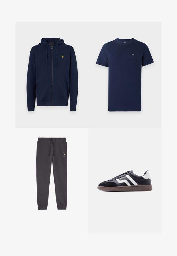 Sudadera con cremallera color marino hecha de mezcla de algodón. Cuenta con un bolsillo tipo canguro, capucha con cordón y un logo bordado amarillo en el pecho.; Camiseta de algodón azul marino con mangas cortas, escote redondo y un pequeño logo bordado en el pecho. Diseño simple, textura sin adornos.; Pantalones de chándal gris oscuro, hechos de una tela suave, con una cintura elástica con cordón, puños en los tobillos y un pequeño logotipo amarillo en el muslo izquierdo.; Zapatillas negras con material de ante y sintético, rayas diagonales blancas y suela marrón texturizada. Presentan un diseño con cordones y cuello acolchado.