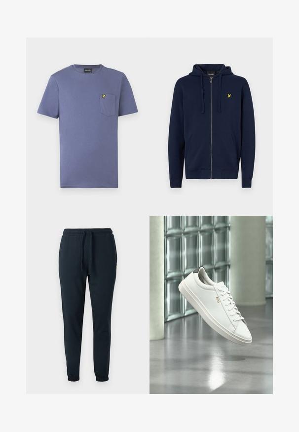 Hoodie zippé bleu marine en mélange coton. Il possède une poche kangourou, une capuche avec cordon de serrage, et un logo brodé jaune sur la poitrine.; T-shirt en coton violet à manches courtes, col rond, avec une poche poitrine ornée d'un logo brodé jaune.; Pantalon de survêtement bleu foncé en mélange de coton, doté d'une taille élastique avec cordon de serrage et de chevilles côtelées. Petit détail logo jaune.; Baskets basses en cuir blanc avec lacets, languette de talon noire et logo « BOSS », flottant à l'intérieur près d'un mur en blocs de verre et d'un sol poli.