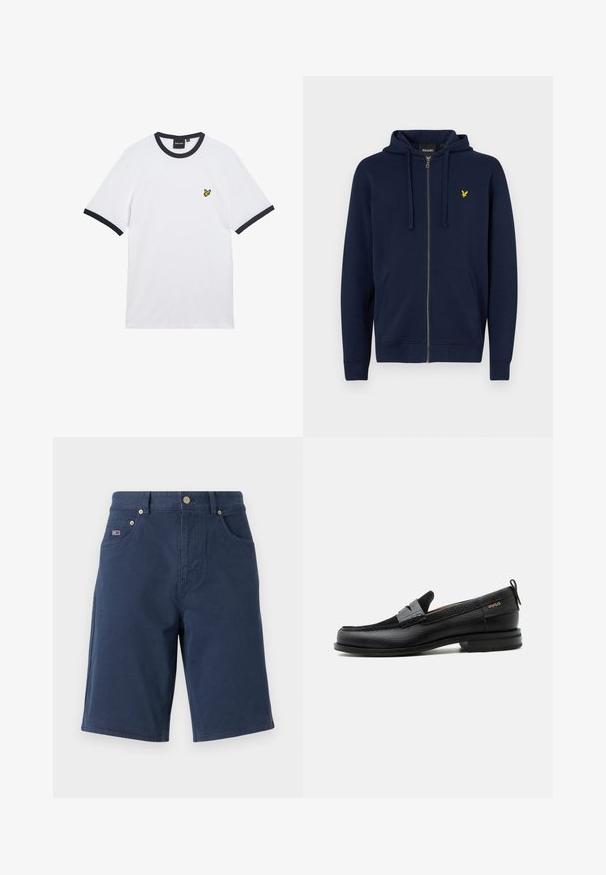 Hoodie zippé bleu marine en mélange coton. Il possède une poche kangourou, une capuche avec cordon de serrage, et un logo brodé jaune sur la poitrine.; T-shirt en coton blanc avec col et bordures des manches côtelés bleu marine. Présente un petit logo jaune brodé sur la poitrine.; Shorts en coton bleu marine à coupe droite, avec deux poches avant et un petit patch logo sur la poche gauche. Fermeture classique à boutons.; Mocassin en cuir noir avec détail de bride grise, talon bas et semelle texturée, marqué "HUGO" en or sur le côté.