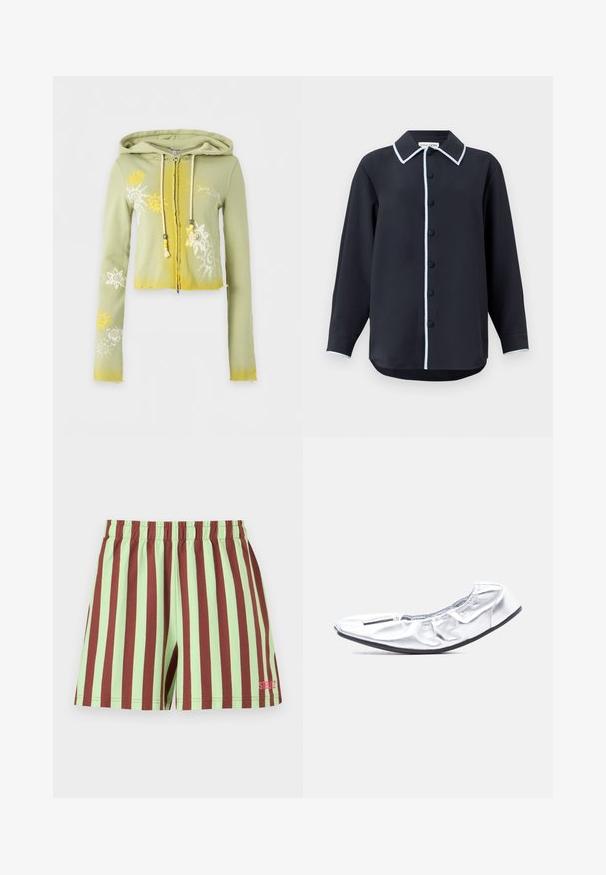 Sweat à capuche court vert clair avec motifs jaunes de soleil, dessins floraux blancs, fermeture éclair à l'avant et cordons avec perles sur fond blanc.; Chemise boutonnée marine avec un col bleu clair contrastant et un pied de col à boutons, manches longues et ourlet arrondi. Fabriquée en tissu lisse.; Shorts courts à rayures verticales vert menthe et marron avec une ceinture élastique, avec un petit logo rose sur la partie inférieure de la jambe droite.; Chaussure ballerine souple de couleur argentée avec ouverture élastiquée et semelle fine noire, photographiée sur fond gris clair.
