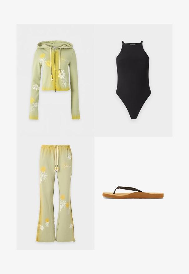 Lysegrøn cropped hoodie med gule solmønstre, hvide blomsterdesigns, forreste lynlås og snore med perler på hvid baggrund.; Sort ærmeløs bodysuit med høj hals og tynde skulderstropper på hvid baggrund.; Lysegrønne vide joggingbukser med gule og hvide solmønstre og en snøre i taljen med perler.; Brune flettede rem flip-flop med en blød sål og tan fodseng, der har et afrundet design og struktureret gummisål for godt greb.