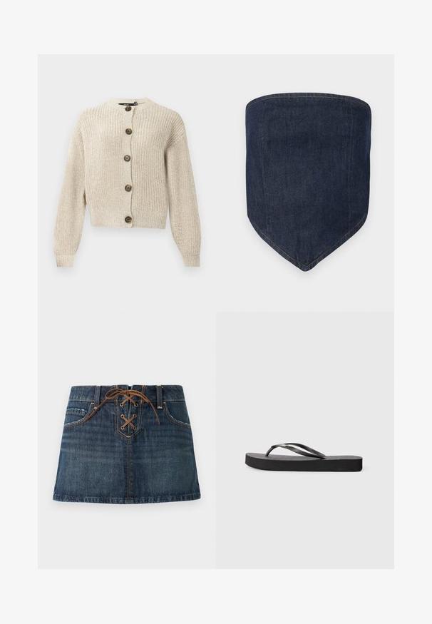 Beige gestrickte Strickjacke mit langen Ärmeln und fünf großen braunen Knöpfen auf der Vorderseite, mit einem gerippten Kragen und Bündchen.; Dunkelblaues Denim-Gesichtsmasken, mit einer strukturierten Form und einer spitzen Unterseite. Sichtbare Nähte sowie die Konturen der Kanten sorgen für einen sauberen Abschluss.; Dunkelblaue Jeans-Minirock mit Fronttaschen und braunen Schnürdetail am Bund.; Schwarze Gummi-Flip-Flop-Sandale mit flacher Sohle, strukturiertem Fußbett und zwei runden Riemen. Minimalistisches Design mit schlankem Profil.