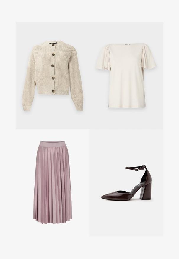 Beige strikket cardigan med lange ærmer og fem store brune knapper foran, med en ribbet krave og manchetter.; Lys beige kortærmet t-shirt med samlede pufskuldre, firkantet udskæring og en afslappet pasform i blødt, tekstureret stof.; Plisseret lang nederdel i blødt lyserødt stof med elastisk talje. Den glatte tekstur og det svungne design fremhæver dens samlede form.; Mørkebrunt læder pumps med spids tå, høj hæl, ankelrem og sølvspænde på hvid baggrund.