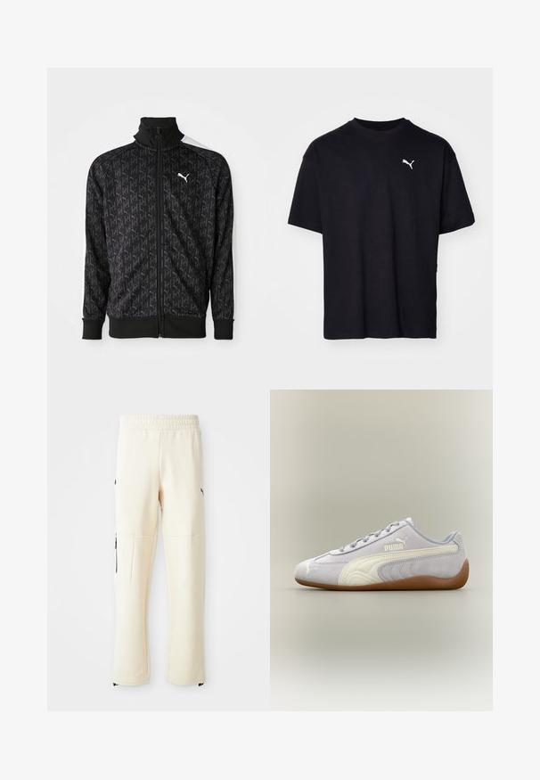 Chaqueta negra con cremallera que presenta un patrón de logotipos repetidos, puños y dobladillo acanalados, y acentos blancos en los hombros. Fabricada en tejido suave.; Camiseta de algodón negra de manga corta, con escote redondo y un logo blanco de Puma en la parte superior izquierda del pecho. Corte clásico, textura suave.; Pantalones de chándal de color beige claro, hechos de un tejido suave. Presentan un logo negro, bolsillos laterales con cremalleras y un corte relajado.; Zapatilla de deporte Puma de ante gris claro con detalle de raya blanca y suela de goma, vista desde el lateral exterior sobre un fondo neutro.