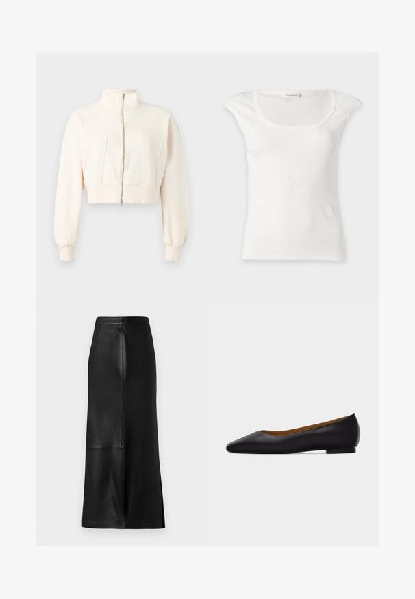 Chaqueta corta color blanco roto con mangas largas, cuello alto, cremallera frontal, puños acanalados y cinturilla acanalada sobre un fondo liso.; Top sin mangas blanco con bordado acanalado, escote redondo y pequeñas hombreras, exhibido sobre un fondo claro y liso.; Falda de cuero negra con una silueta recta, que presenta una abertura trasera, textura suave y costuras visibles.; Zapato plano de punta puntiaguda de cuero negro con tacón bajo y acabado liso, mostrado de perfil sobre un fondo gris claro.