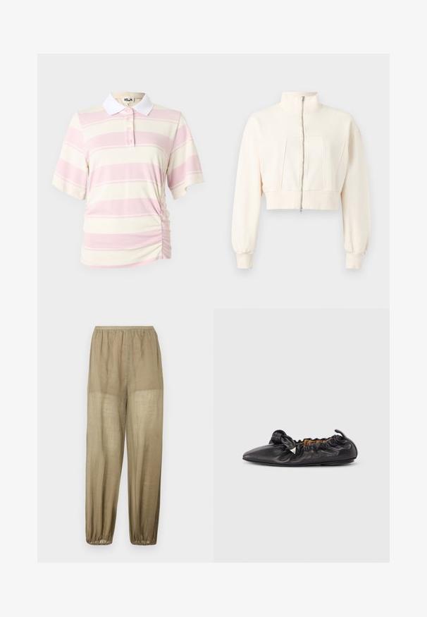 Veste courte écrue à manches longues, col montant, fermeture éclair devant, poignets et ceinture côtelés sur fond uni.; Polo rayé rose et crème, à manches courtes et col blanc. Comprend une fermeture à boutons et un détail froncé sur le côté.; Pantalon en lin beige léger et ample avec une taille élastique et des poignets élastiques aux chevilles.; Ballerine plate en cuir noir froncé avec bout pointu et petite décoration triangulaire métallique sur le côté, semelle plate.