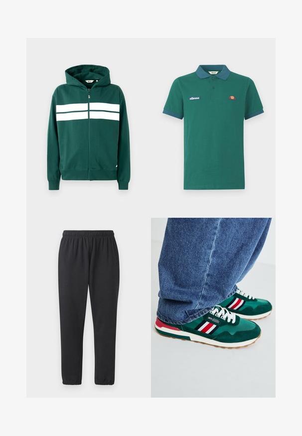 Groene ritshoodie van zacht materiaal, met een gevoerde capuchon en twee witte horizontale strepen over de borst. Geribbelde boorden en onderkant.; Groene polo shirt van katoen met een contrasterende blauwe kraag en manchetten. Heeft een geborduurd logo en een klein kleurrijk ontwerp op de borst.; Zwarte sportbroek gemaakt van zachte stof, met een elastische tailleband, zijzakken en taps toelopende broekspijpen met geribbelde boorden.; Groene sport sneakers met witte veters, gemaakt van suède en stof, met rode, witte en zwarte strepen, en rubberen zolen.