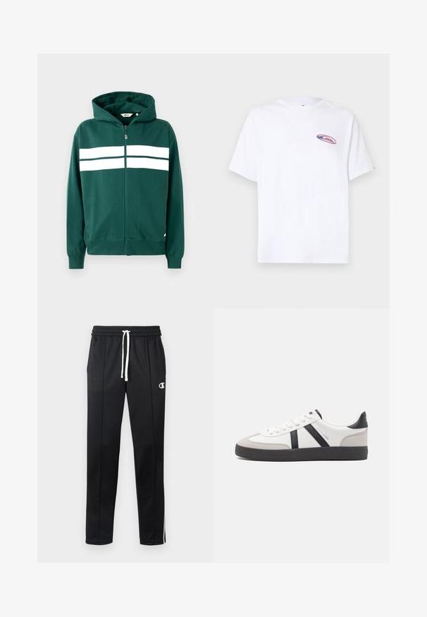 Grøn zip-up hoodie lavet af blødt stof, med en foret hætte og to hvide vandrette striber på tværs af brystet. Ribbet manchetter og kant.; Hvid T-shirt med korte ærmer og en lille oval formet lyserød og blå logo på venstre bryst, placeret mod en ensfarvet lys baggrund.; Sorte atletiske bukser med hvid snor, sidelister, frontlommer og et lille hvidt Champion-logo på venstre lår.; Hvide sneakers med sorte og grå detaljer, med en tekstureret grå tåhætte, sort gummisål og flade hvide snørebånd. Rent design, minimalistisk stil.