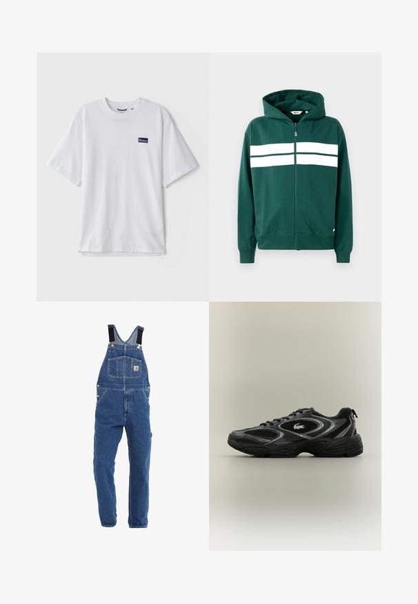 Grøn zip-up hoodie lavet af blødt stof, med en foret hætte og to hvide vandrette striber på tværs af brystet. Ribbet manchetter og kant.; Hvid bomulds T-shirt med rund halsudskæring, korte ærmer og en marineblå rektangulær logo-patch på venstre brystområde.; Denim overalls i en mellemblå tone, med justerbare sorte stropper, flere lommer og metalhardware detaljer.; Sort og grå atletisk sneaker med mesh-paneler, snørebåndsdesign, tyk sål og et lille krokodillelogo på siden.