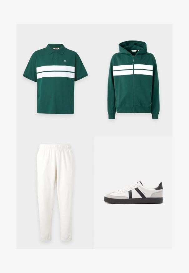 Sudadera verde con cremallera fabricada en una tela suave, que cuenta con una capucha forrada y dos franjas horizontales blancas en el pecho. Puños y dobladillo de canalé.; Camisa polo verde de algodón con una franja horizontal blanca en el pecho. Presenta un cuello clásico y un pequeño logo en el lado izquierdo.; Pantalones de chándal de color crema con cintura elástica y piernas cónicas, confeccionados en un material suave. Presentan una textura lisa y sin patrones o acentos visibles.; Zapatilla blanca con acentos en negro y gris, que presenta una puntera texturizada en gris, suela de goma negra y cordones planos blancos. Diseño limpio, estilo minimalista.