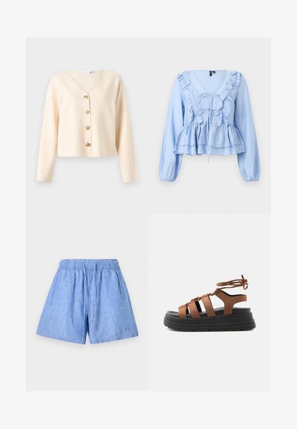 Cardigan de couleur crème avec un col en V, doté de cinq boutons dorés sur le devant et de manches longues. Texture douce et lisse.; Blouse bleu clair à manches longues avec col en V volanté, fermeture par lien à l'avant, bas à basque et poignets élastiqués froncés.; Shorts bleu clair en coton avec des rayures blanches verticales. Comprend une taille élastique et une coupe large et décontractée.; Sandale à brides en daim marron avec semelle plateforme noire épaisse et fermeture à lacets autour de la cheville, vue de côté sur un fond clair.