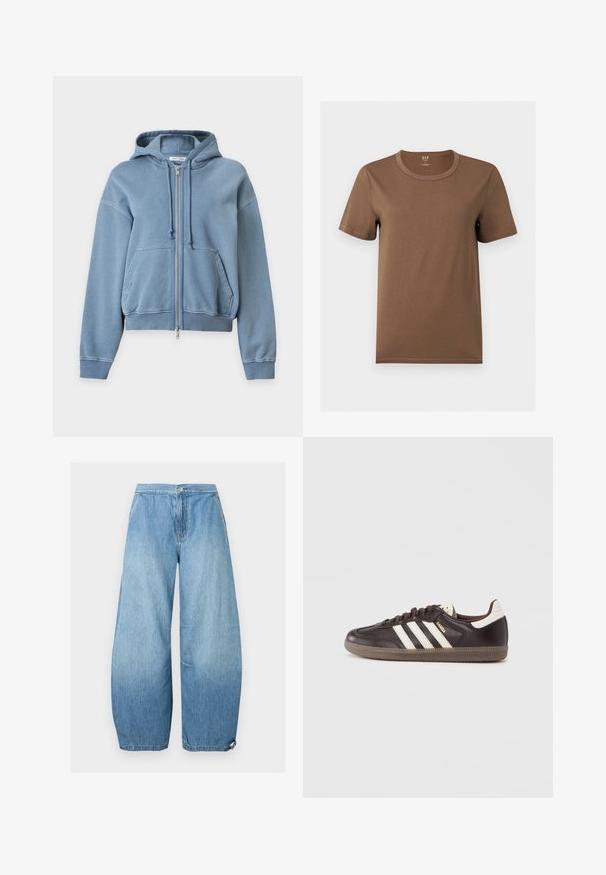 Sweat à capuche bleu zippé avec poches avant, capuche avec cordon de serrage et poignets et base côtelés, présenté sur un fond clair uni.; T-shirt marron en coton à manches courtes avec col rond, design uni et logo GAP à l'intérieur du col.; Jean denim bleu clair à jambes larges avec poches avant, fermeture par bouton et ourlets réglables par cordon.; Baskets en cuir marron foncé avec un design à trois bandes blanches, une semelle en caoutchouc et l'inscription "Samba" en lettres dorées sur le côté. Forme classique basse.
