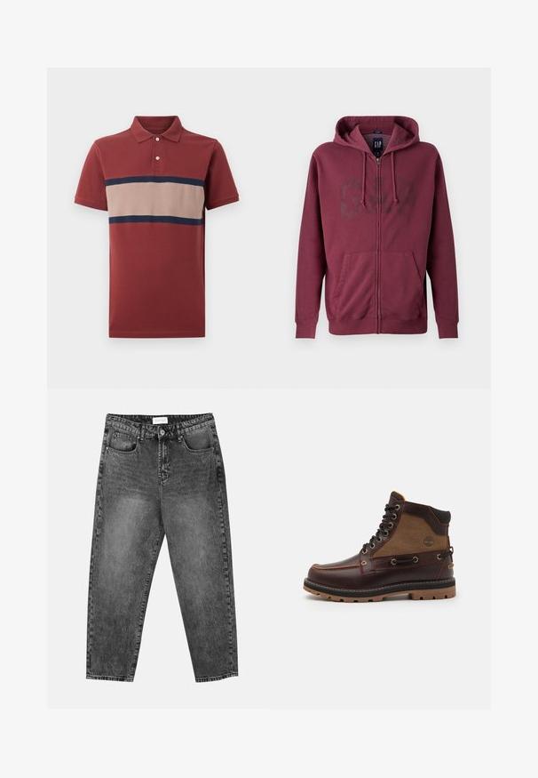 Burgundy vetoketjuhuppari, jossa on etutasku ja kiristysnauha hupussa, ja joka esittelee hienovaraisen GAP-logon rinnassa.; Lyhythihainen polo-paita tiilenpunaisena, jossa on beige vaaka-aita, jota reunustaa tummansininen rintaosassa, kahden napin nappilista ja resorikaulus.; Mustat pesetyt suorat farkut, joissa on etu- ja takataskut, vyölenkit ja nappisuljenta vyötäröllä.; Ruskeat nahkakengät, joissa on vaaleanruskea kangaspaneeli, pyöreä kärki, metalliset silmukat, musta kumipohja ja ompeluyksityiskohtia. Sivussa kohotettu logo.