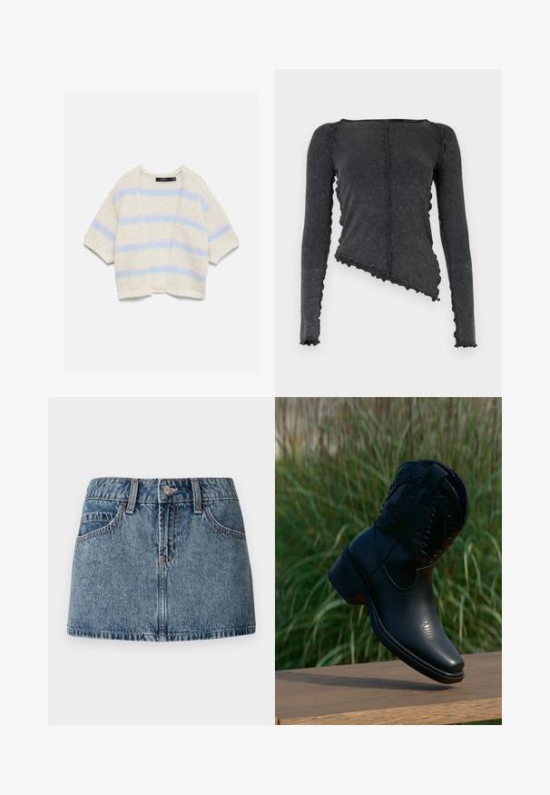 Kremfarvet strikket kortærmet cardigan med åben front og vandrette pastelblå og lyserøde striber på krop og ærmer.; Mørkegrå top med lange ærmer og asymmetrisk kant, bølgede syninger, der løber vertikalt og langs kanterne, lavet af tekstureret stof.; Denim mini nederdel i middelblå vask, med en tætsiddende talje, forlommer og subtile syninger. Glat, struktureret stoffinish.; Sort læder cowboystøvle med dekorative syninger, let hævet over en træoverflade, grøn græsmark sløret i baggrunden.