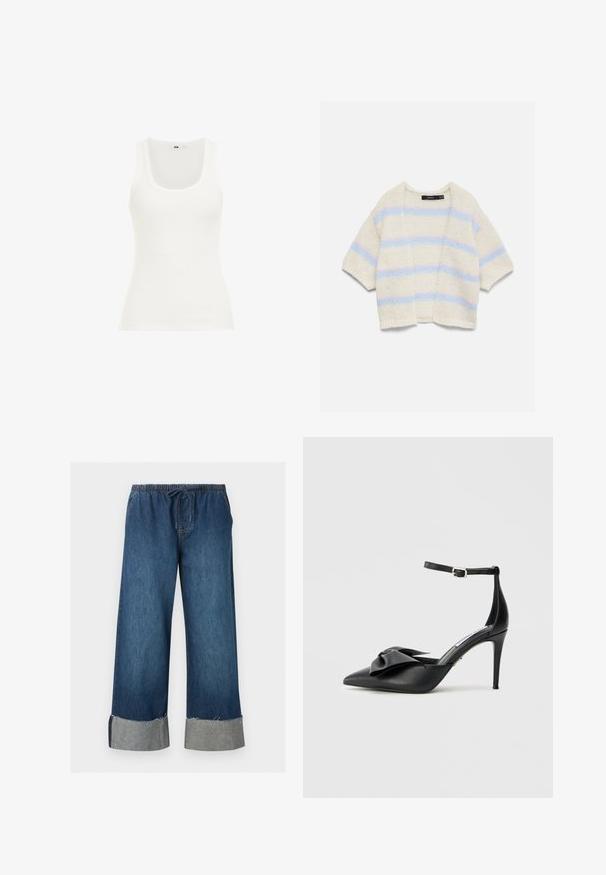Kremfarvet strikket kortærmet cardigan med åben front og vandrette pastelblå og lyserøde striber på krop og ærmer.; Hvid ribbet tanktop med rund halsudskæring og brede stropper. Stoffet ser strækbart og tætsiddende ud, velegnet til lag-på-lag eller afslappet brug.; Blå vidde jeansbukser med elastisk talje og snøre, med op-rullede manchetter med flossede kanter.; Sort højhælet sko med spids tå, satin sløjfe og justerbar ankelrem med sølv hardware. Glat lædertekstur.