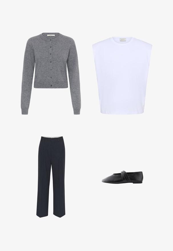 Grå strikket cardigan med lange ærmer, rund halsudskæring og knaplukning foran, mærket Gestuz.; Hvid ærmeløs top med strukturerede skuldre, rund halsudskæring og subtilt præget logo foran i midten.; Mørkeblå bukser med hvide lodrette striber, vide ben, glat stof, bælteløkker og en midtersøm foran for et skræddersyet udseende.; Sort læder flad sko med spids tå og en bred strop over toppen, fotograferet fra siden på hvid baggrund.