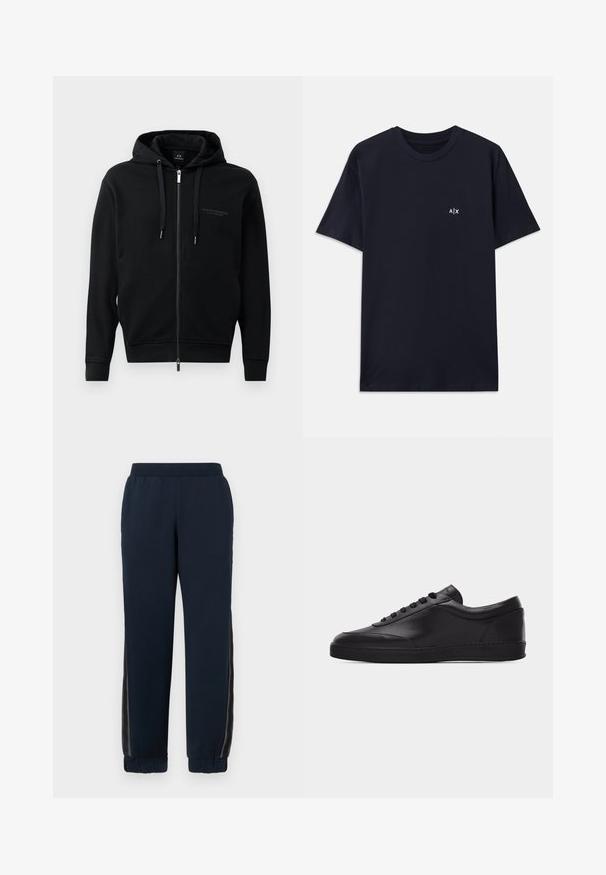 Schwarze Zip-Hoodie aus weichem Material, mit Kapuze, Kordelzügen und geprägtem Logodetail auf der Brust. Schmaler Schnitt mit gerippten Bündchen.; Marineblaue Baumwoll-T-Shirt mit kurzen Ärmeln und Rundhalsausschnitt. Mit einem kleinen weißen "A|X"-Logo auf der linken Brustseite.; Navy Sweatpants mit weichem Material, schmal zulaufenden Bündchen und Netzseiteneinsätzen. Elastischer Bund für Komfort und legere Passform.; Schwarzer flacher Leder-Sneaker mit Schnürung vorne und flacher Gummisohle, seitlich auf einem schlichten weißen Hintergrund gezeigt.