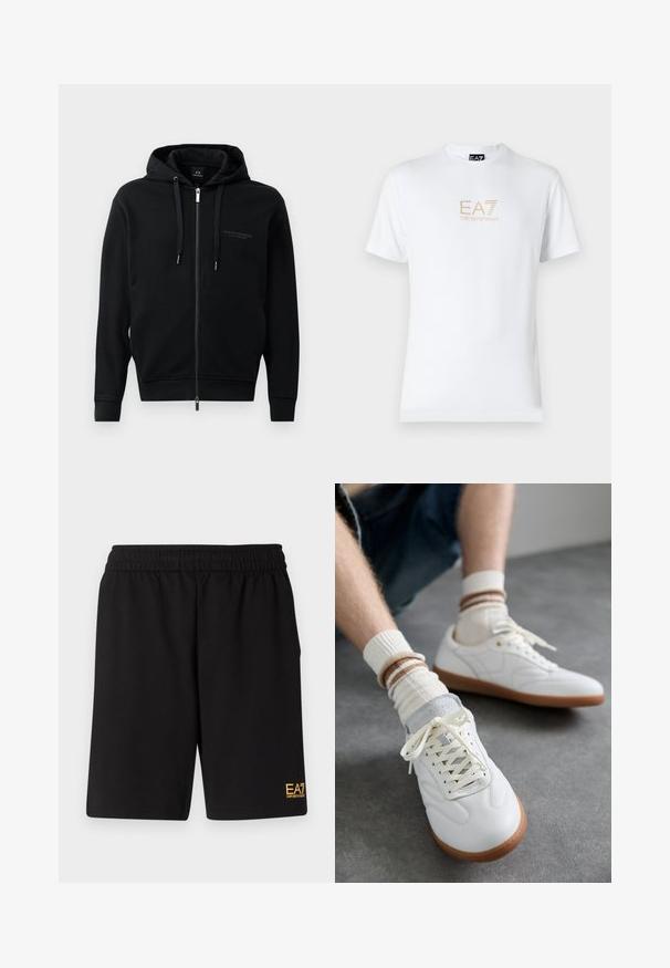 Schwarze Zip-Hoodie aus weichem Material, mit Kapuze, Kordelzügen und geprägtem Logodetail auf der Brust. Schmaler Schnitt mit gerippten Bündchen.; Weißes Baumwoll-T-Shirt mit Rundhalsausschnitt und kurzen Ärmeln, mit einem goldenen EA7 Emporio Armani-Logo auf der Vorderseite.; Schwarze Sportshorts aus weichem Material, mit einem elastischen Bund und einem kleinen gelben EA7-Logo am unteren linken Bein.; Weiße Ledersneaker mit glatter Textur, grauen Wildlederelementen, beigen Gummisohlen und flachen Schnürsenkeln. Kombiniert mit cremefarbenen und braun gestreiften Socken.