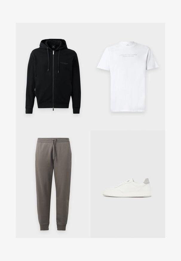 Must/zip-up kapuutsiga musta värvi fliisist, millel on reguleeritavad nöörid ja kulunud logo detail rindkere piirkonnas. Lihtne lõige, millel on soonikkäised.; Valge puuvillane T-särk, millel on ümmargune kaelus, lühikesed varrukad ning esiküljel reljeefne "ARMANI EXCHANGE MILANO/NEW YORK" logo.; Hallid hallid spordipüksid nööpidega vöökoht, kitsenevate jalgade ja ribatud põlvekududega. Sile tekstuur, millel on diskreetne logodetail.; Valge madala lõikega tennisking halli kandklambri, valgete paelte ja tekstuuriga tallaga, esitletud ühtlasel heledal taustal.