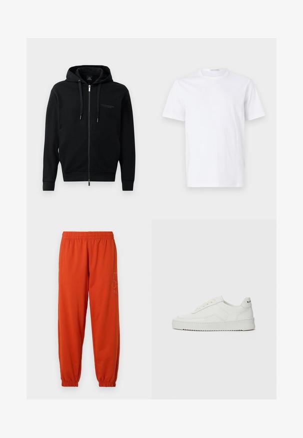Must/zip-up kapuutsiga musta värvi fliisist, millel on reguleeritavad nöörid ja kulunud logo detail rindkere piirkonnas. Lihtne lõige, millel on soonikkäised.; Valge puuvillane T-särk ümarate krae ja lühikeste varrukatega. Sile tekstuur, sirge lõige ja minimalistik disain ilma mustrite või aksessuaarideta.; Oranžid tostadid elastse vöö ja varrukatega. Külgedel on trükitud logo. Valmistatud pehmest, tekstuursetest kangast.; Valge nahast tennis, millel on sile põhi, ümar varvas, lamedad nöörid ja tekstuuriline tall. Sisaldab diskreetset logo kontsaribal.