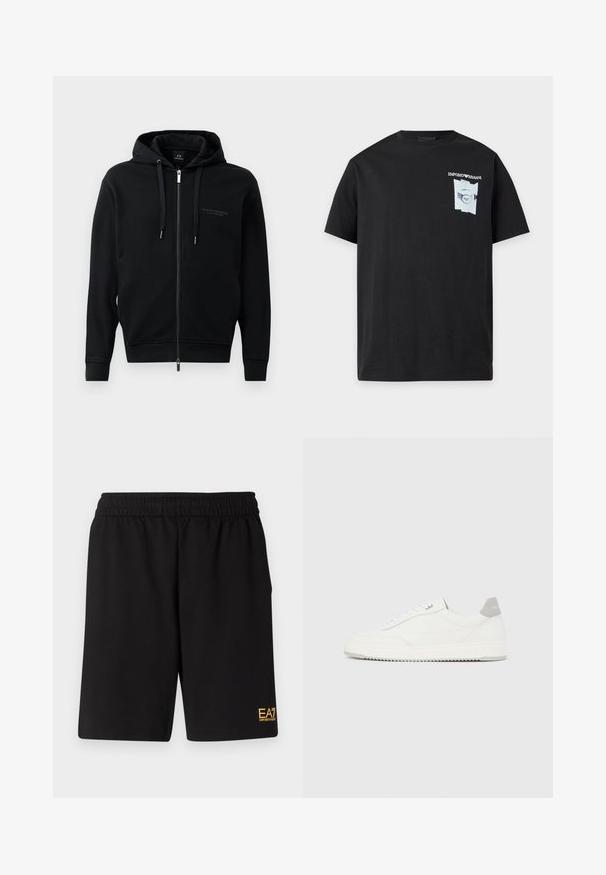 Sweat à zip noir en tissu doux, avec capuche, cordons de serrage et logo en relief sur la poitrine. Coupe ajustée avec poignets côtelés.; T-shirt noir à manches courtes avec petit logo blanc Emporio Armani et motif sur la partie supérieure gauche de la poitrine.; Shorts de sport noirs en tissu doux, avec une taille élastique et un petit logo jaune EA7 sur le bas de la jambe gauche.; Baskets basses blanches avec un onglet de talon gris, des lacets blancs et une semelle texturée, présentées sur un fond uni clair.