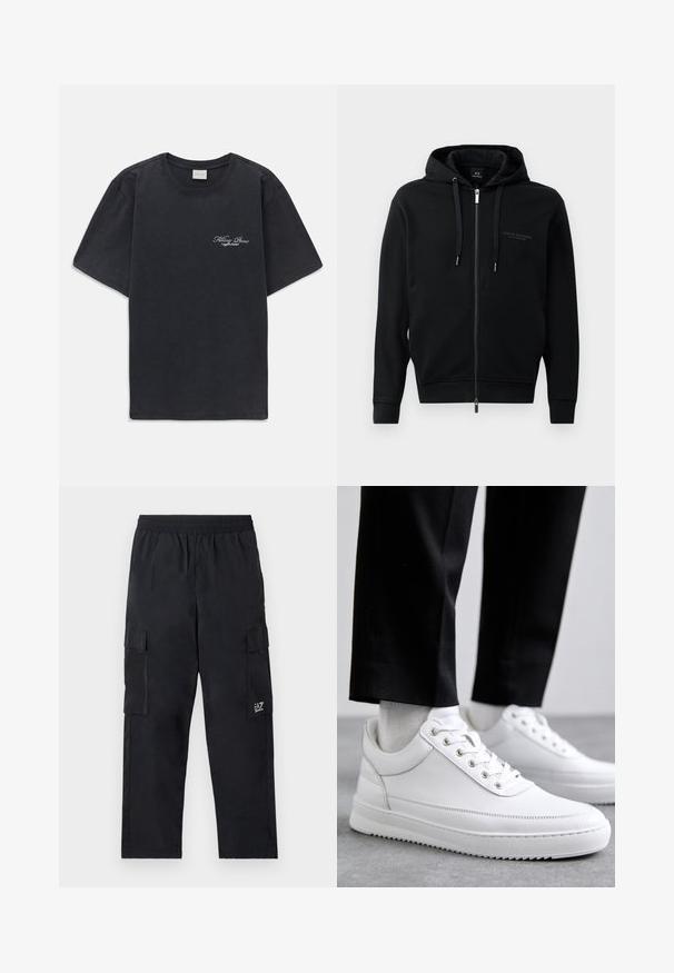 Zwarte ritshoodie gemaakt van zacht materiaal, met een capuchon, koordjes en een reliëflogo op de borst. Gestroomlijnde pasvorm met ribgebreide manchetten.; Zwarte korte mouwen crew neck t-shirt met klein wit "Filling Pieces" tekstlogo op de linkerborst.; Zwarte cargobroek met een elastische tailleband, zijzakken en een klein logo op het linkerbeen. Gemaakt van lichtgewicht, soepel materiaal.; Witte leren sneakers met een platte rubberen zool, met een soepele afwerking, ronde neus en metalen oogjes voor de veters. Draag ze met een zwarte broek.