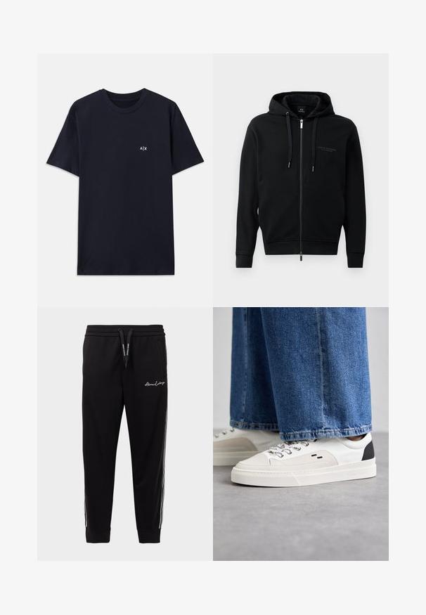 Schwarze Zip-Hoodie aus weichem Material, mit Kapuze, Kordelzügen und geprägtem Logodetail auf der Brust. Schmaler Schnitt mit gerippten Bündchen.; Marineblaue Baumwoll-T-Shirt mit kurzen Ärmeln und Rundhalsausschnitt. Mit einem kleinen weißen "A|X"-Logo auf der linken Brustseite.; Schwarze Jogginghose aus Baumwollmischung mit einem gerippten Bund, seitlichen weißen Streifen und Logo-Stickerei auf dem linken Oberschenkel.; Weiße und schwarze Sneaker mit einem Obermaterial aus glattem Leder, strukturierten Akzenten und einer massiven weißen Sohle. Verfügt über ein klassisches Schnürdesign.