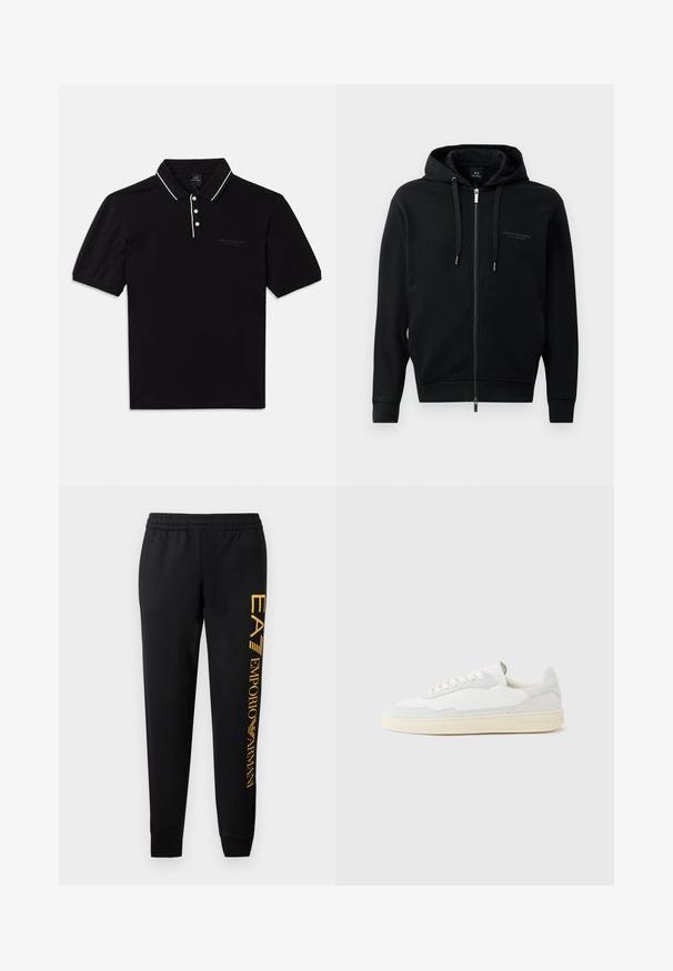 Must/zip-up kapuutsiga musta värvi fliisist, millel on reguleeritavad nöörid ja kulunud logo detail rindkere piirkonnas. Lihtne lõige, millel on soonikkäised.; Must värvi puuvillane polo särk, millel on krae, kolm nuppu, valged aktsendid ja diskreetne logo ees. Lühikesed varrukad.; Mustad mustad püksid elastse vöökoha ja mansettidega. Vasakul jalal on vertikaalne kuldne logoprint. Valmistatud pehmest kangast.; Valge tennisejalanõu, mille ülemine osa on valmistatud tekstuurse seemisnahast ja nahast. Omab ümarat ninaosa, paeltega sulgurit ja kontrastset beeži kummist tallaga.