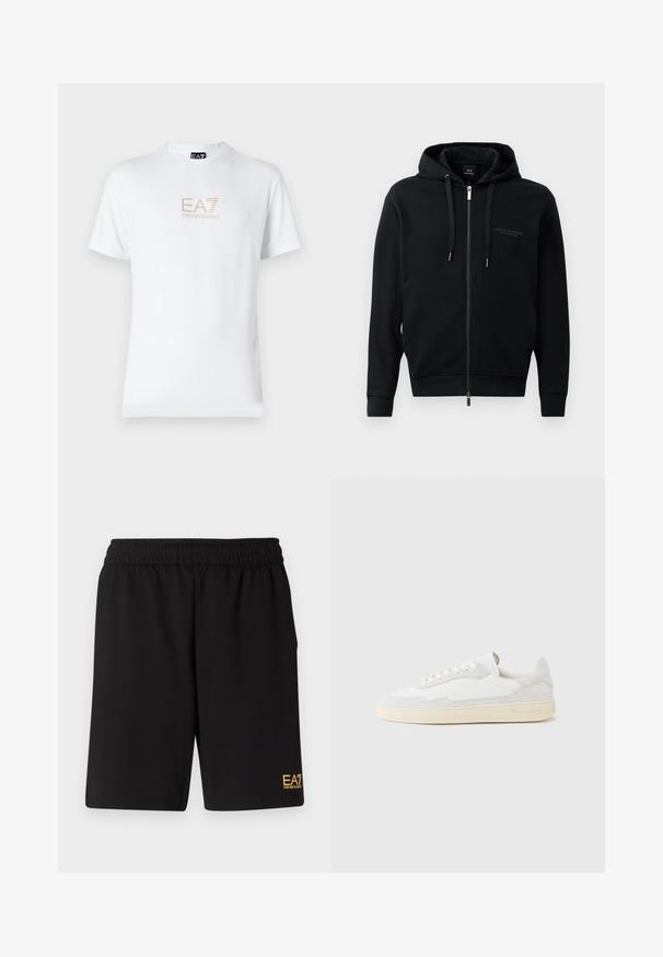 Musta vetoketjullinen huppari, joka on valmistettu pehmeästä kankaasta. Huppu, kiristysnarut ja kohokuvioitu logo yksityiskohtana rinnassa. Viritetty malli, jossa on ribbineule cuffit.; Valkoinen puuvillapaita, jossa on pyöreä kaula-aukko ja lyhyet hihansuut. Paidassa on etupuolella kultainen EA7 Emporio Armani -logo.; Mustat urheilushortsit, jotka on valmistettu pehmeästä kankaasta. Kengissä on joustava vyötärönauha ja pieni keltainen EA7-logo vasemmassa alakulmassa.; Valkoinen lenkkari, jossa on teksturoitu mokka- ja nahkapäällinen. Siinä on pyöreä kärki, nauhallinen suljenta ja vastavärinen beigen sävyinen kumipohja.