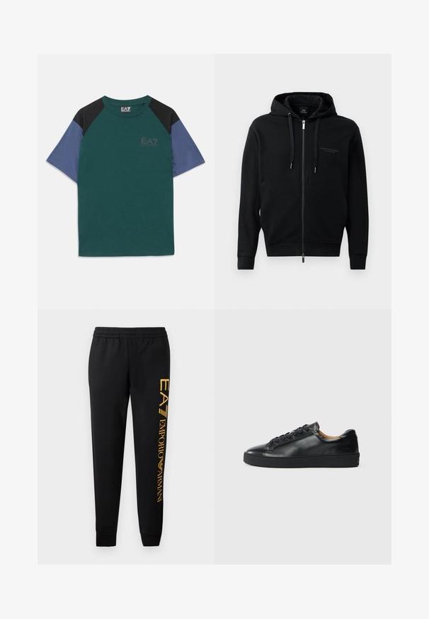 Schwarze Zip-Hoodie aus weichem Material, mit Kapuze, Kordelzügen und geprägtem Logodetail auf der Brust. Schmaler Schnitt mit gerippten Bündchen.; Kurzhärmeliges T-Shirt mit grünem Körper, schwarzen Schulterpaneelen, blauen Ärmeln und kleinem EA7 Emporio Armani-Logo auf der Brust.; Schwarze Jogginghose mit elastischem Bund und gerippten Säumen. Mit einem vertikalen goldenen Logodruck auf dem linken Bein. Aus weichem Stoff gefertigt.; Schwarze Leder-Sneaker mit glatter Textur, runder Zehenpartie und Schnürverschluss. Verfügt über eine dicke Gummisohle und minimalistische Marken-Details.