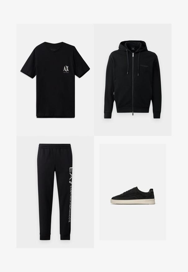 Schwarze Zip-Hoodie aus weichem Material, mit Kapuze, Kordelzügen und geprägtem Logodetail auf der Brust. Schmaler Schnitt mit gerippten Bündchen.; Schwarzes T-Shirt mit kurzen Ärmeln aus Baumwolle, ausgestattet mit einem kleinen weißen Logo auf der linken Brust. Einfaches Rundhalsausschnitt-Design, glatte Textur.; Schwarze Sweatpants aus Baumwollmischung mit elastischem Taillenbund, schmal zulaufenden Beinen, gerippten Bündchen und weißem Logo-Druck entlang der Seite.; Schwarzer Wildleder-Low-Top-Sneaker mit schwarzen Schnürsenkeln und weißer Gummisohle, Seitenansicht auf schlichtem hellgrauem Hintergrund.