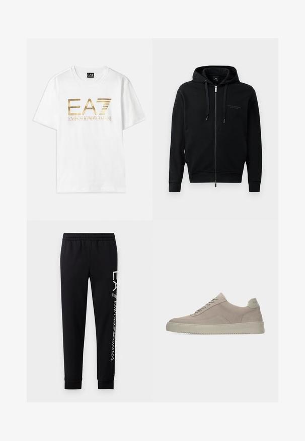 Sort lynlås hættetrøje lavet af blødt stof, med hætte, snore og præget logo detalje på brystet. Strømlinet pasform med ribbede manchetter.; Hvid bomulds t-shirt med et stort guldmetallic "EA7" logo og teksten "EMPORIO ARMANI" nedenunder, med korte ærmer og rund hals.; Sorte sweatpants lavet af en bomuldsblanding, med elastisk talje, smalle ben, ribbede manchetter og hvidt logo print langs siden.; Beige ruskindssneakers med en tekstureret finish, rund tå og tonale snørebånd. Har en tyk gummisål og diskret branding på hælen.