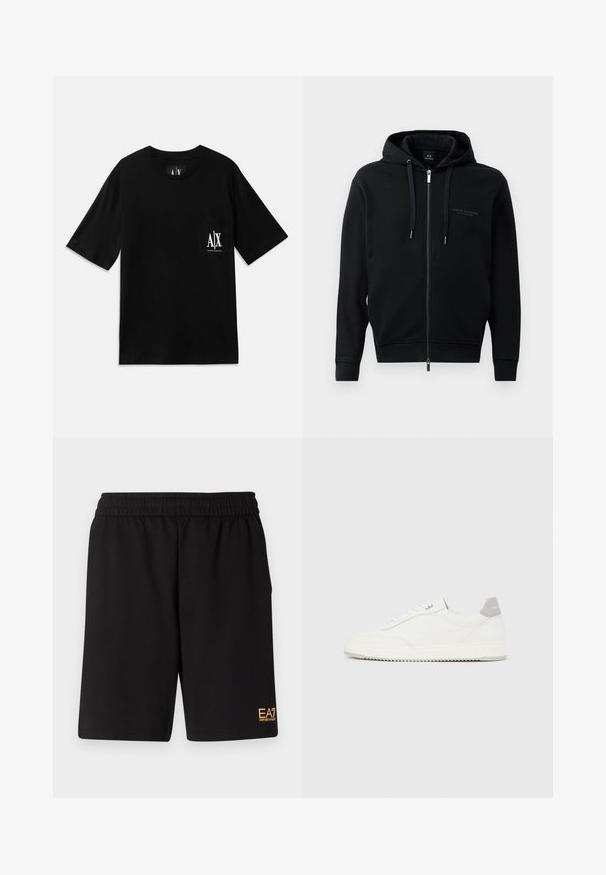 Schwarze Zip-Hoodie aus weichem Material, mit Kapuze, Kordelzügen und geprägtem Logodetail auf der Brust. Schmaler Schnitt mit gerippten Bündchen.; Schwarzes kurzärmliges T-Shirt aus Baumwolle, mit einer Tasche auf der linken Brustseite, versehen mit einem weißen aufgedruckten Logo und einem Rundhalsausschnitt.; Schwarze Sportshorts aus weichem Material, mit einem elastischen Bund und einem kleinen gelben EA7-Logo am unteren linken Bein.; Weißer Sneaker mit niedrigem Schaft, grauem Fersenlaschen, weißen Schnürsenkeln und einer strukturierten Sohle, dargestellt vor einem schlichten hellen Hintergrund.